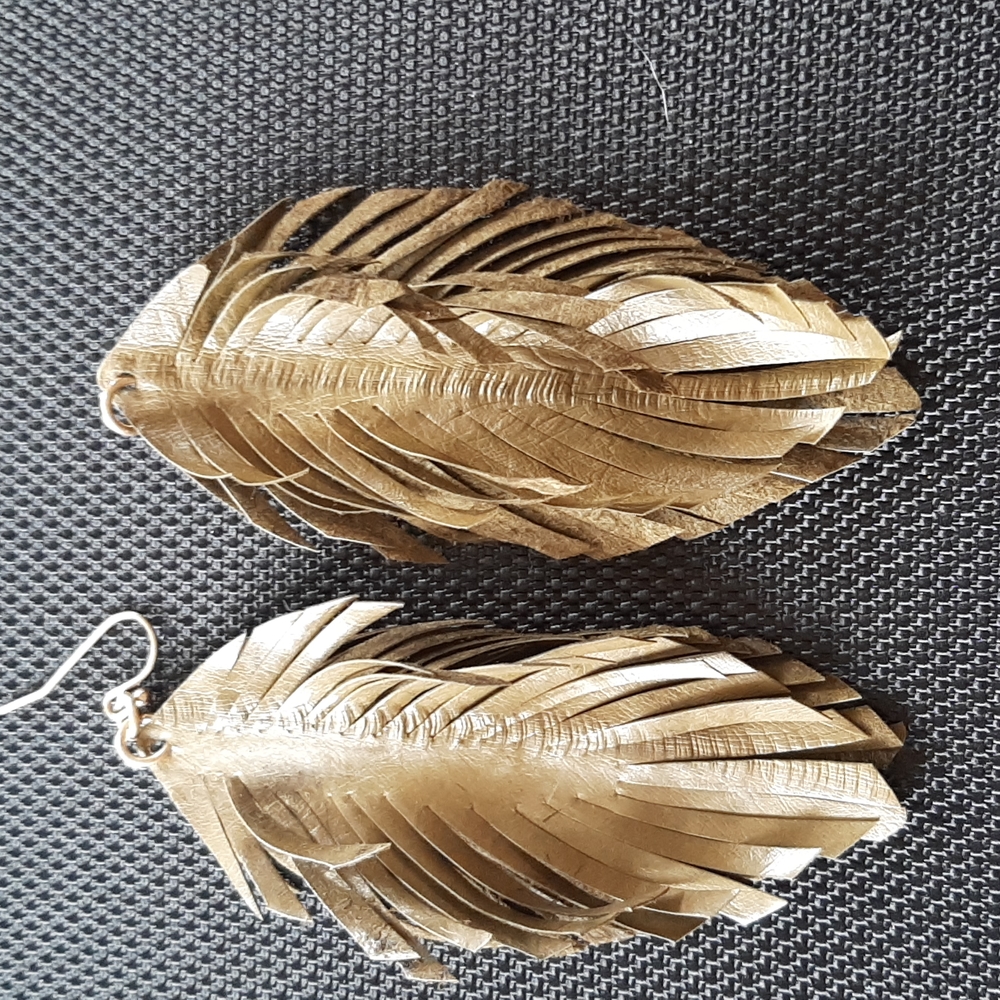 Genuine 0live green leather feather dangle fish hook earrings.
